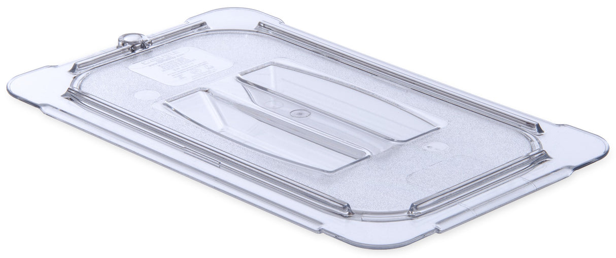 Carlisle 10290U07 StorPlus Universal Polycarbonate Food Pan Cover with Handle - 1/4 Size - Clear