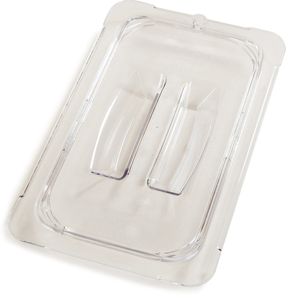 Carlisle 10290U07 StorPlus Universal Polycarbonate Food Pan Cover with Handle - 1/4 Size - Clear
