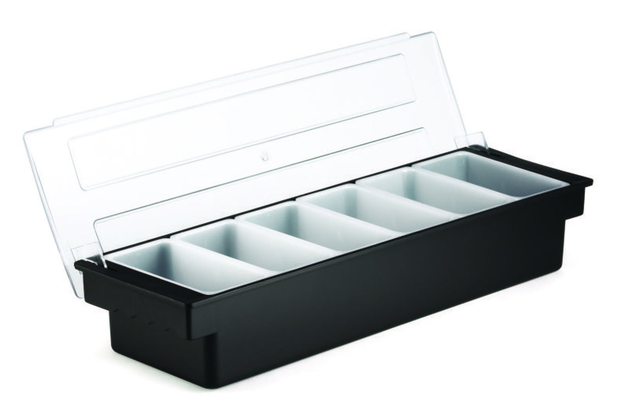 TableCraft 102 6-Compartment Plastic Condiment Holder Bar with Clear Lid 19-1/2" x 6" x 4-1/4" - Black - Holds (6) 1-pint White Inserts - 6/Case