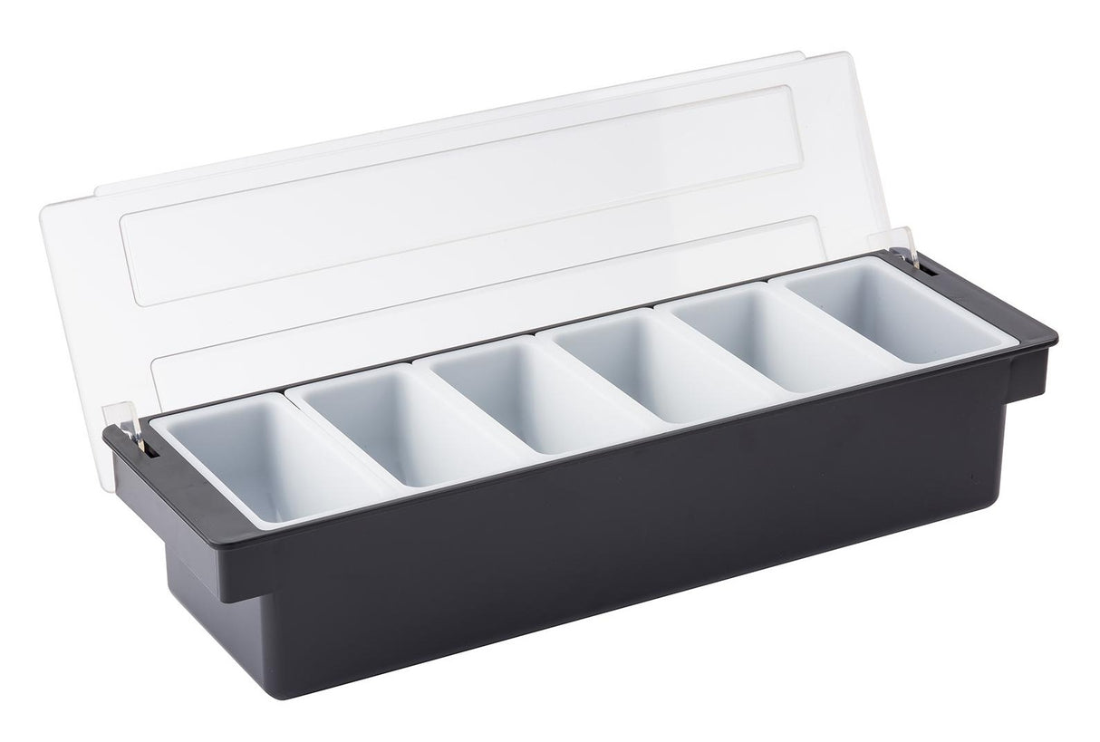 TableCraft 102 6-Compartment Plastic Condiment Holder Bar with Clear Lid 19-1/2" x 6" x 4-1/4" - Black - Holds (6) 1-pint White Inserts - 6/Case
