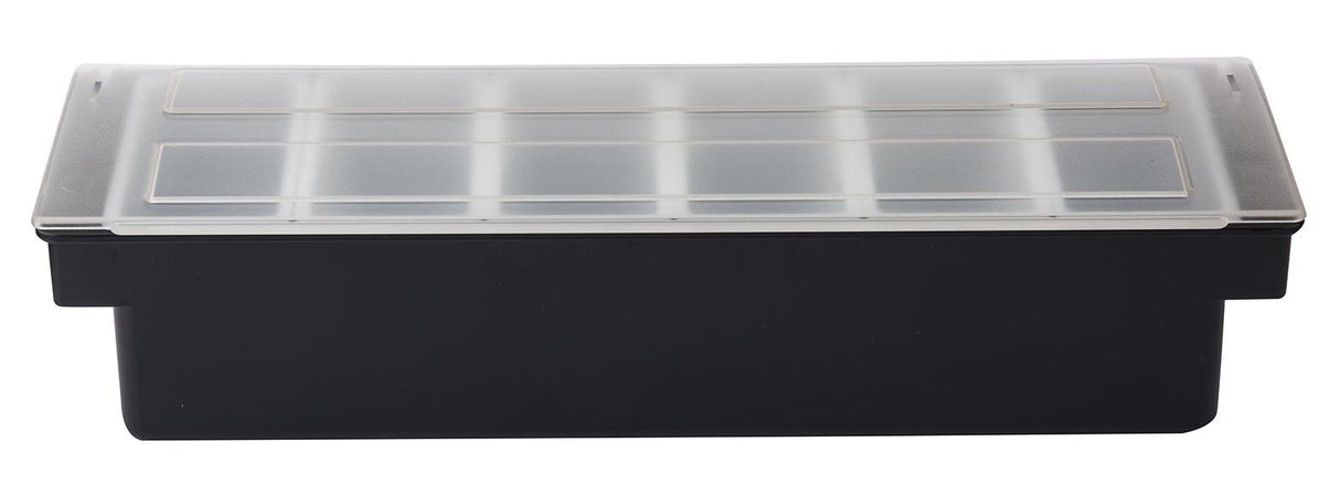 TableCraft 102 6-Compartment Plastic Condiment Holder Bar with Clear Lid 19-1/2" x 6" x 4-1/4" - Black - Holds (6) 1-pint White Inserts - 6/Case