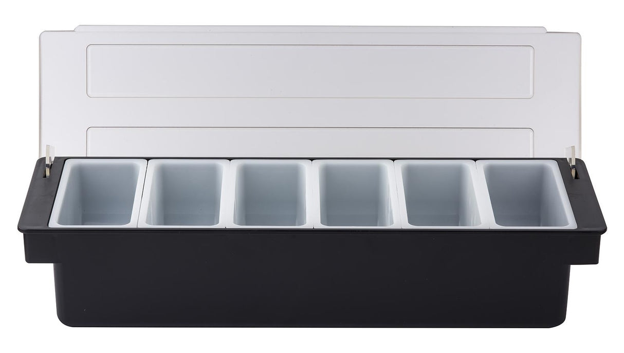 TableCraft 102 6-Compartment Plastic Condiment Holder Bar with Clear Lid 19-1/2" x 6" x 4-1/4" - Black - Holds (6) 1-pint White Inserts - 6/Case