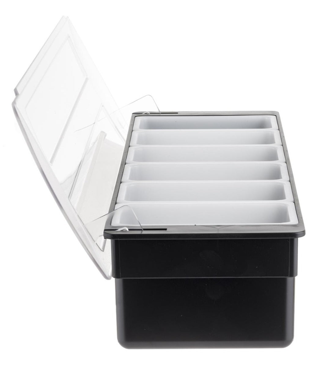 TableCraft 102 6-Compartment Plastic Condiment Holder Bar with Clear Lid 19-1/2" x 6" x 4-1/4" - Black - Holds (6) 1-pint White Inserts - 6/Case