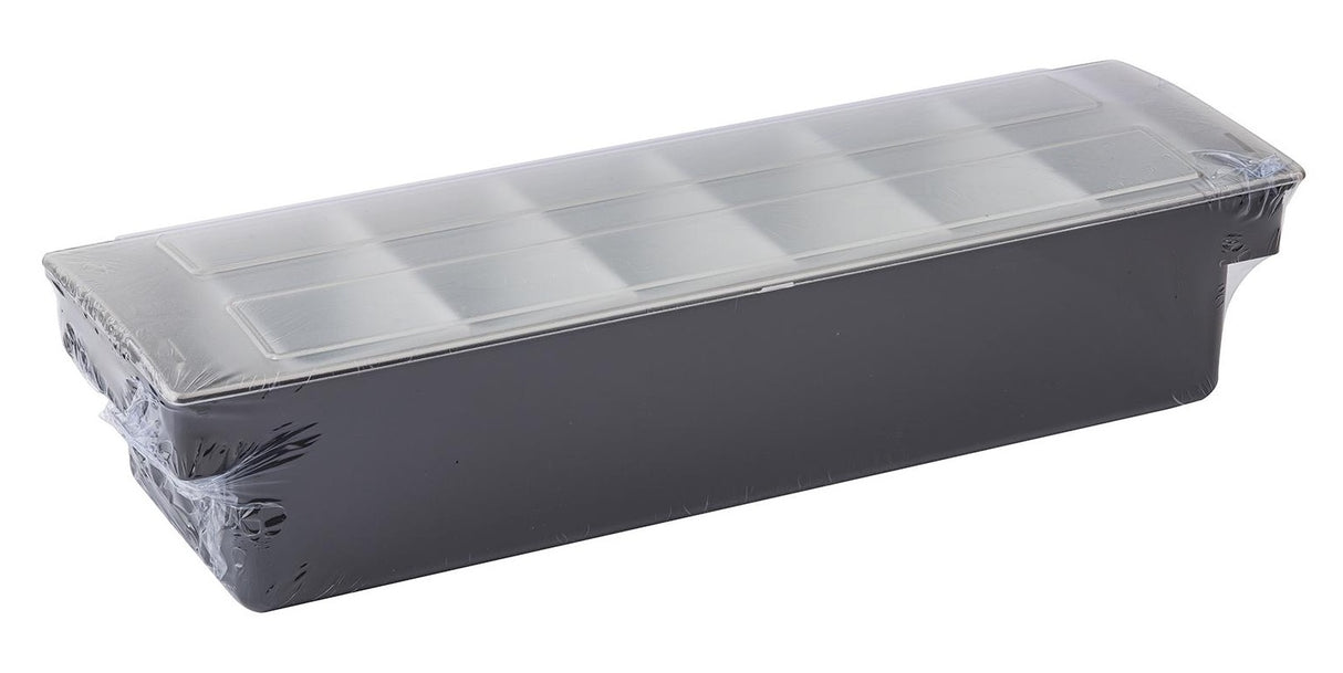 TableCraft 102 6-Compartment Plastic Condiment Holder Bar with Clear Lid 19-1/2" x 6" x 4-1/4" - Black - Holds (6) 1-pint White Inserts - 6/Case