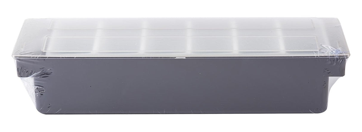 TableCraft 102 6-Compartment Plastic Condiment Holder Bar with Clear Lid 19-1/2" x 6" x 4-1/4" - Black - Holds (6) 1-pint White Inserts - 6/Case