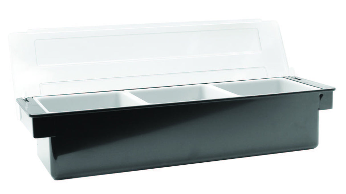 TableCraft 104 3-Compartment Plastic Condiment Holder Bar with Clear Lid 19-1/2" x 6" x 4-1/2" - Black - Holds (3) 1 qt. White Inserts - 6/Case