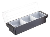 TableCraft 104 3-Compartment Plastic Condiment Holder Bar with Clear Lid 19-1/2" x 6" x 4-1/2" - Black - Holds (3) 1 qt. White Inserts - 6/Case