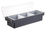 TableCraft 104 3-Compartment Plastic Condiment Holder Bar with Clear Lid 19-1/2" x 6" x 4-1/2" - Black - Holds (3) 1 qt. White Inserts - 6/Case