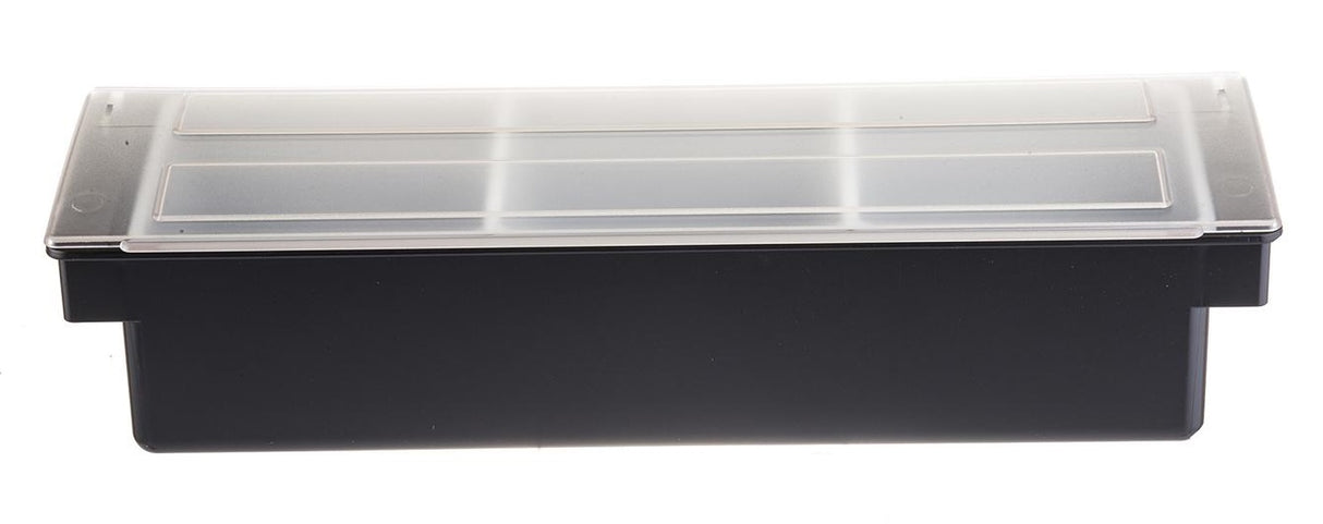TableCraft 104 3-Compartment Plastic Condiment Holder Bar with Clear Lid 19-1/2" x 6" x 4-1/2" - Black - Holds (3) 1 qt. White Inserts - 6/Case