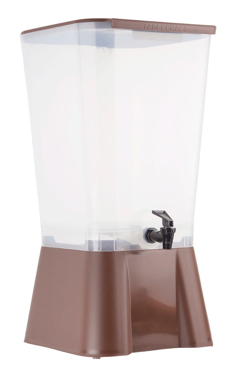 TableCraft 1054 Polypropylene Non-Insulated Beverage Dispenser with Translucent Single Bowl and Brown Base 5 gal.