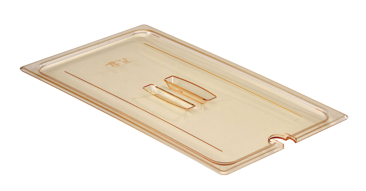 Cambro 10HPCHN150 H-Pan High Heat Plastic Flat Food Pan Cover with Handle & Spoon Notch - Full-Size - Amber - 6/Case