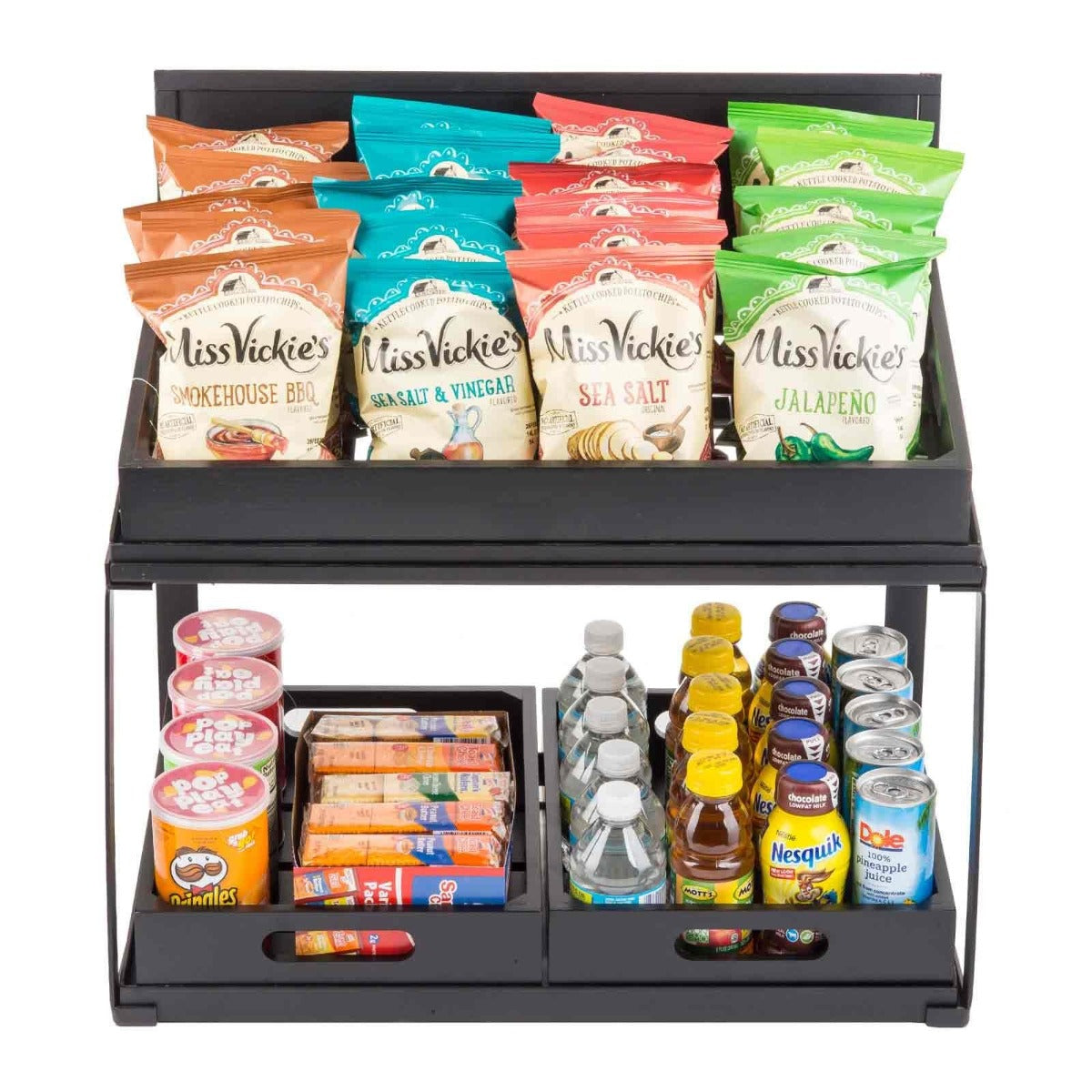 TableCraft 11000 2-Tiered Metal Display Crate Frame Riser with Removable Chalkboard Panel 21-1/2" x 13-1/2" x 22-1/4 - Black