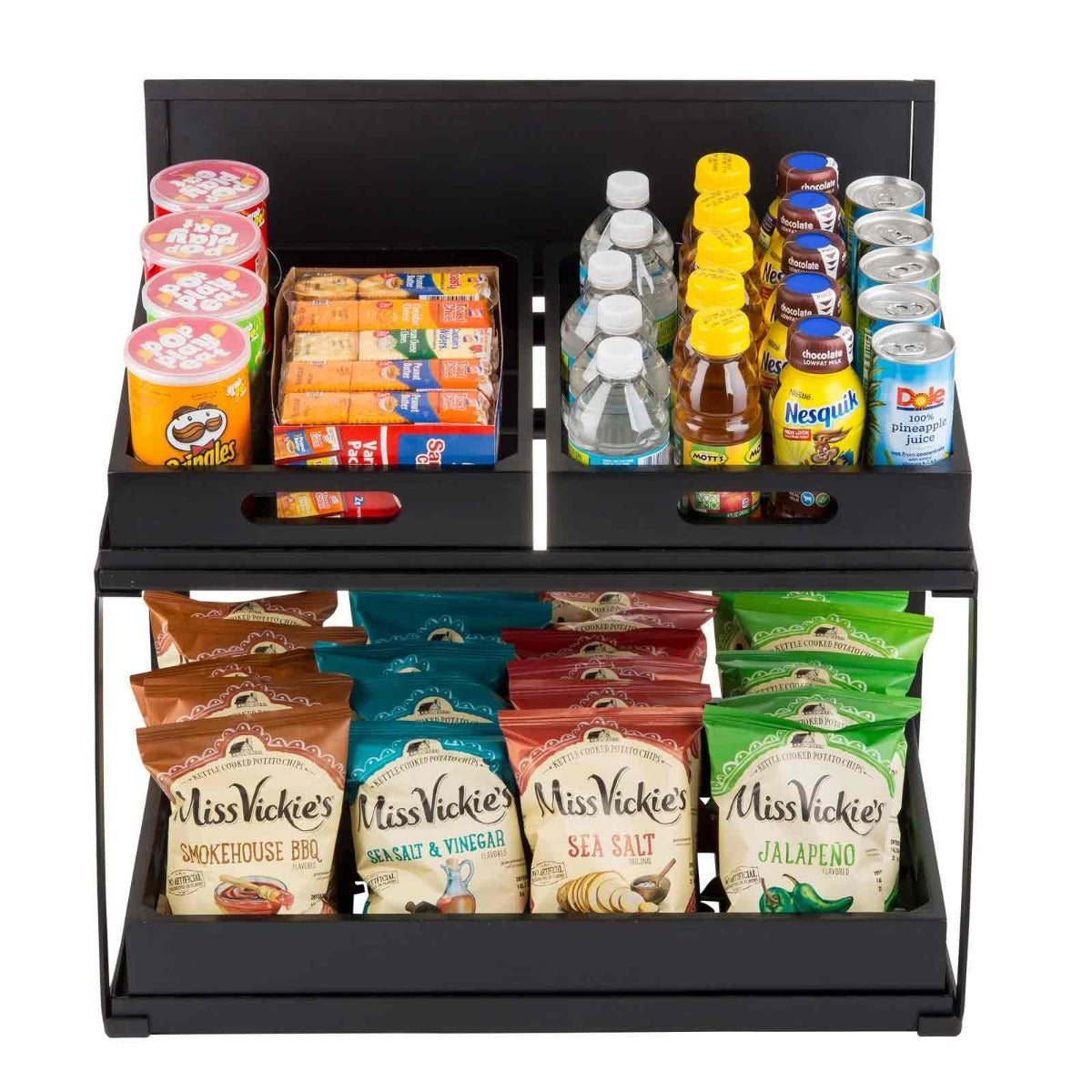 TableCraft 11000 2-Tiered Metal Display Crate Frame Riser with Removable Chalkboard Panel 21-1/2" x 13-1/2" x 22-1/4 - Black