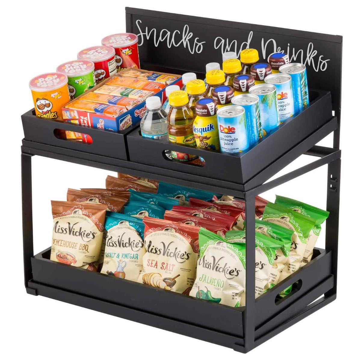 TableCraft 11000 2-Tiered Metal Display Crate Frame Riser with Removable Chalkboard Panel 21-1/2" x 13-1/2" x 22-1/4 - Black