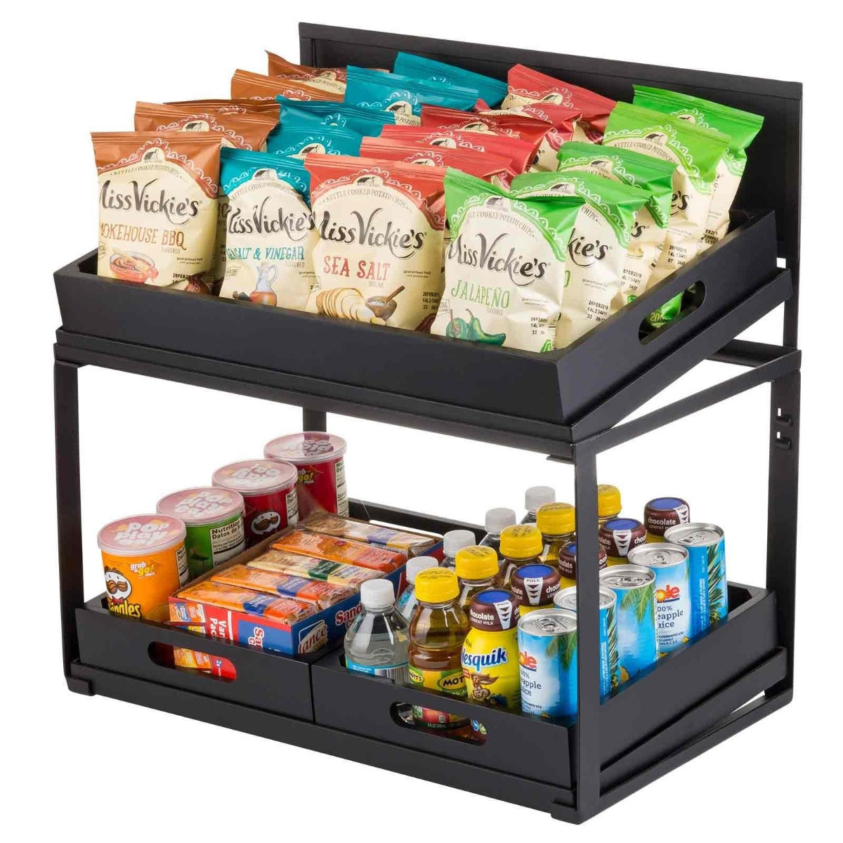 TableCraft 11000 2-Tiered Metal Display Crate Frame Riser with Removable Chalkboard Panel 21-1/2" x 13-1/2" x 22-1/4 - Black