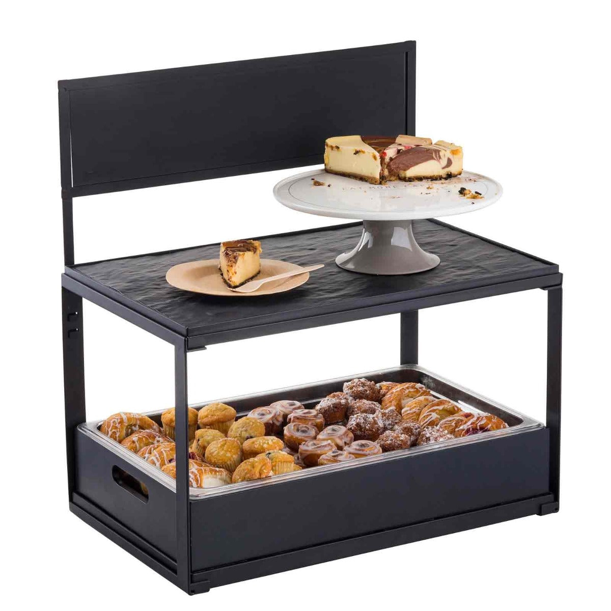 TableCraft 11000 2-Tiered Metal Display Crate Frame Riser with Removable Chalkboard Panel 21-1/2" x 13-1/2" x 22-1/4 - Black