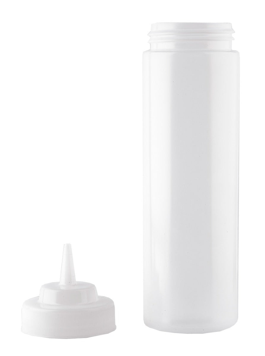 TableCraft 12463C Widemouth Polyethylene Squeeze Bottle with Natural Cone Tip and 63 mm Opening 24 oz. - Clear - 12/Case