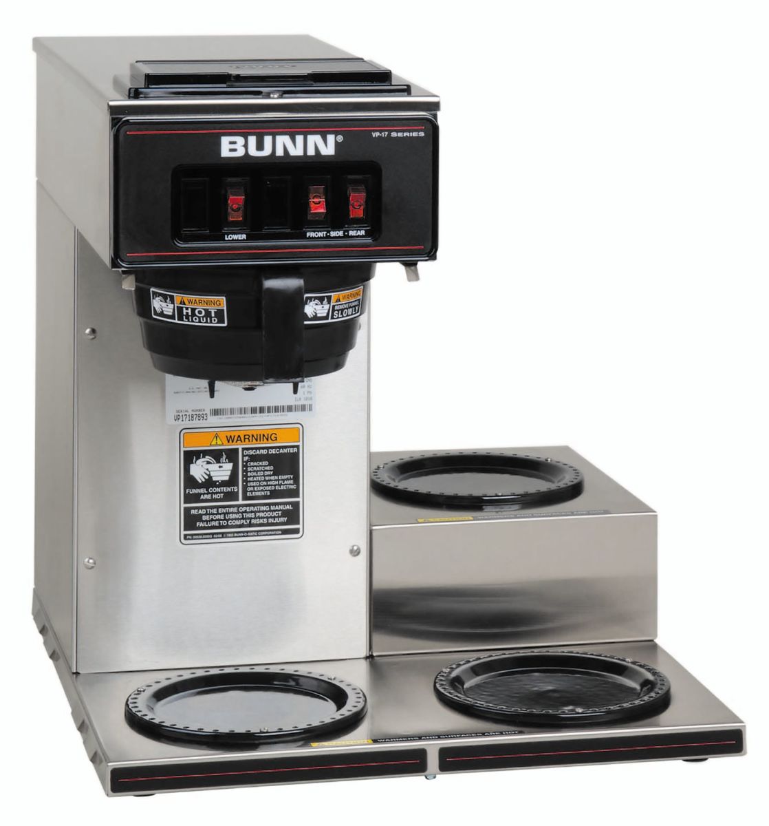 Bunn 13300.0003 VP17-3 Stainless Steel Three Station Pourover Decanter Coffee Maker with 3 Lower Warmers - 3.8 gal./hr