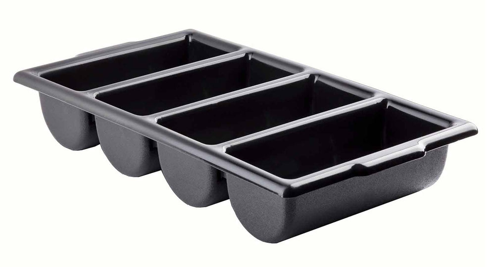 TableCraft 1524B Polyethylene 4-Compartment Cutlery Bin 21-5/8" x 12" x 3-3/4" - Black
