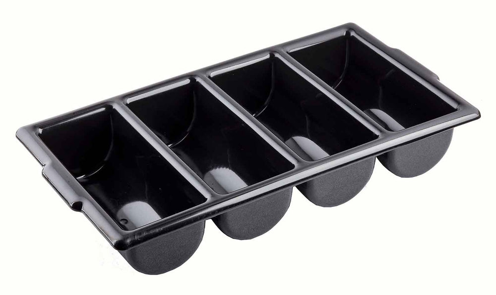 TableCraft 1524B Polyethylene 4-Compartment Cutlery Bin 21-5/8" x 12" x 3-3/4" - Black