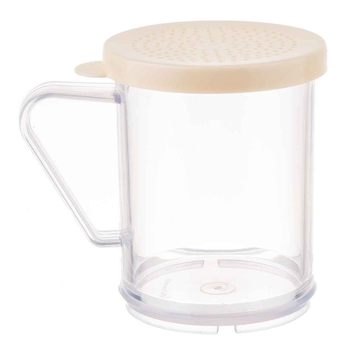 TableCraft 166A Plastic Dredge / Shaker with Handle and Beige Snap-Top "Salt & Pepper" Lid 10 oz. - Clear - 12/Case