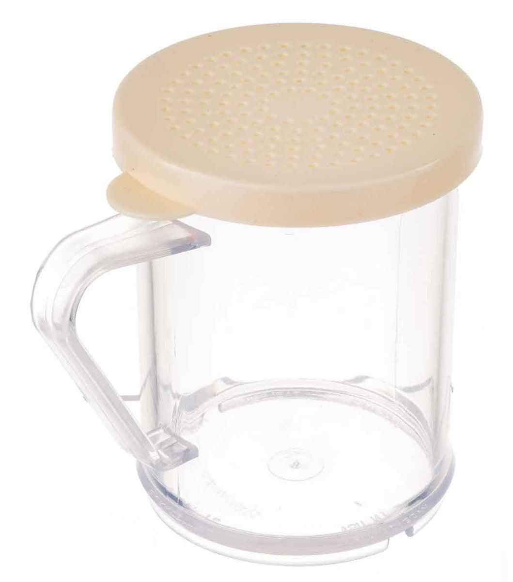 TableCraft 166A Plastic Dredge / Shaker with Handle and Beige Snap-Top "Salt & Pepper" Lid 10 oz. - Clear - 12/Case