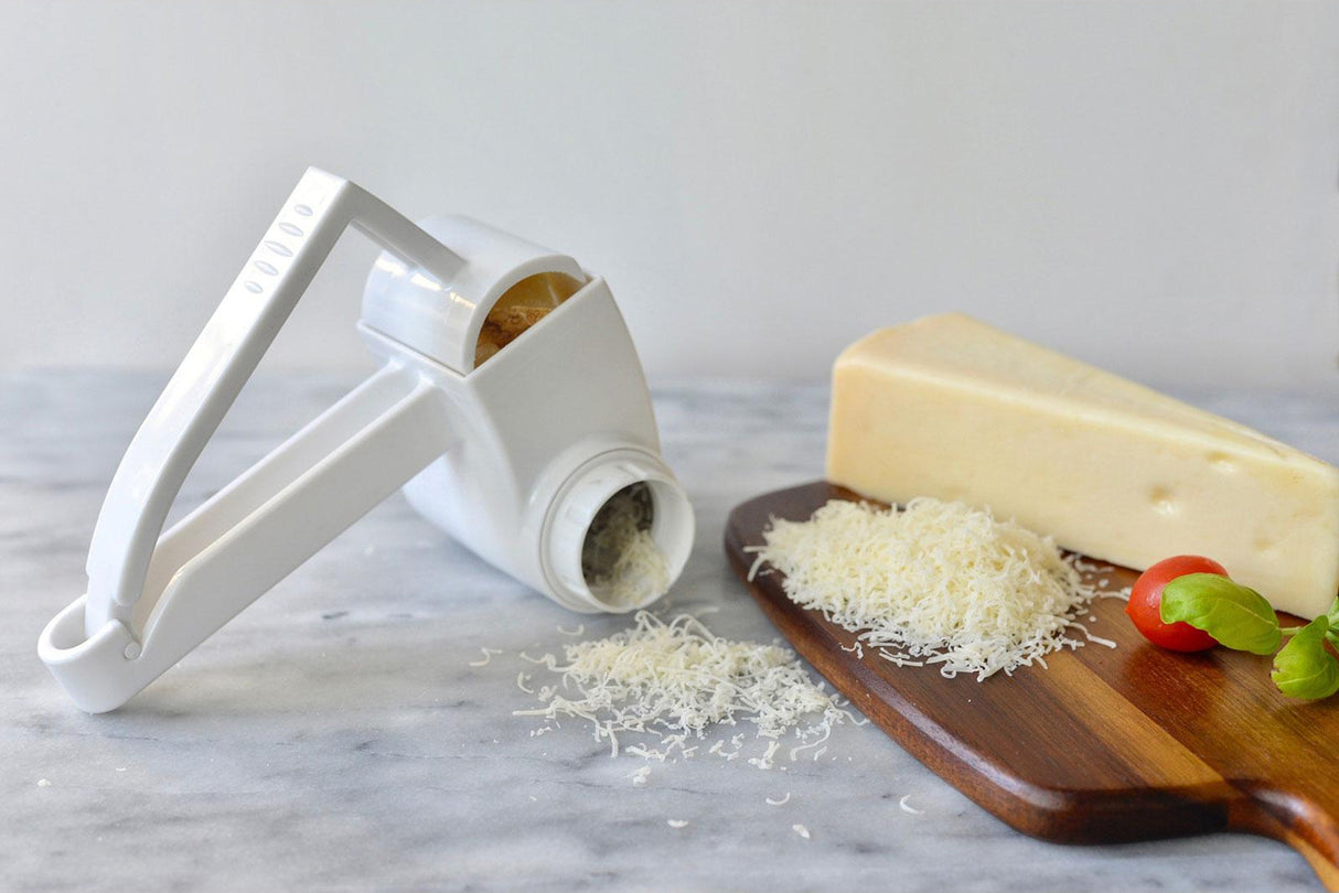 TableCraft 174 Plastic Manual Rotary Cheese Grater with Stainless Steel Drum 7" - White