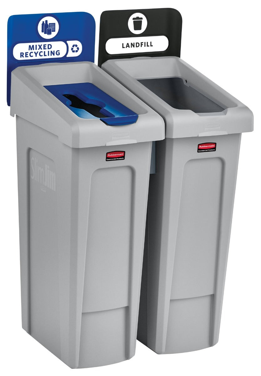 Rubbermaid 2007914 Slim Jim 2-Stream Rectangular Recycling Waste Container / Trash Cans with (1) Landfill, and (1) Mixed Lid 46 gal.