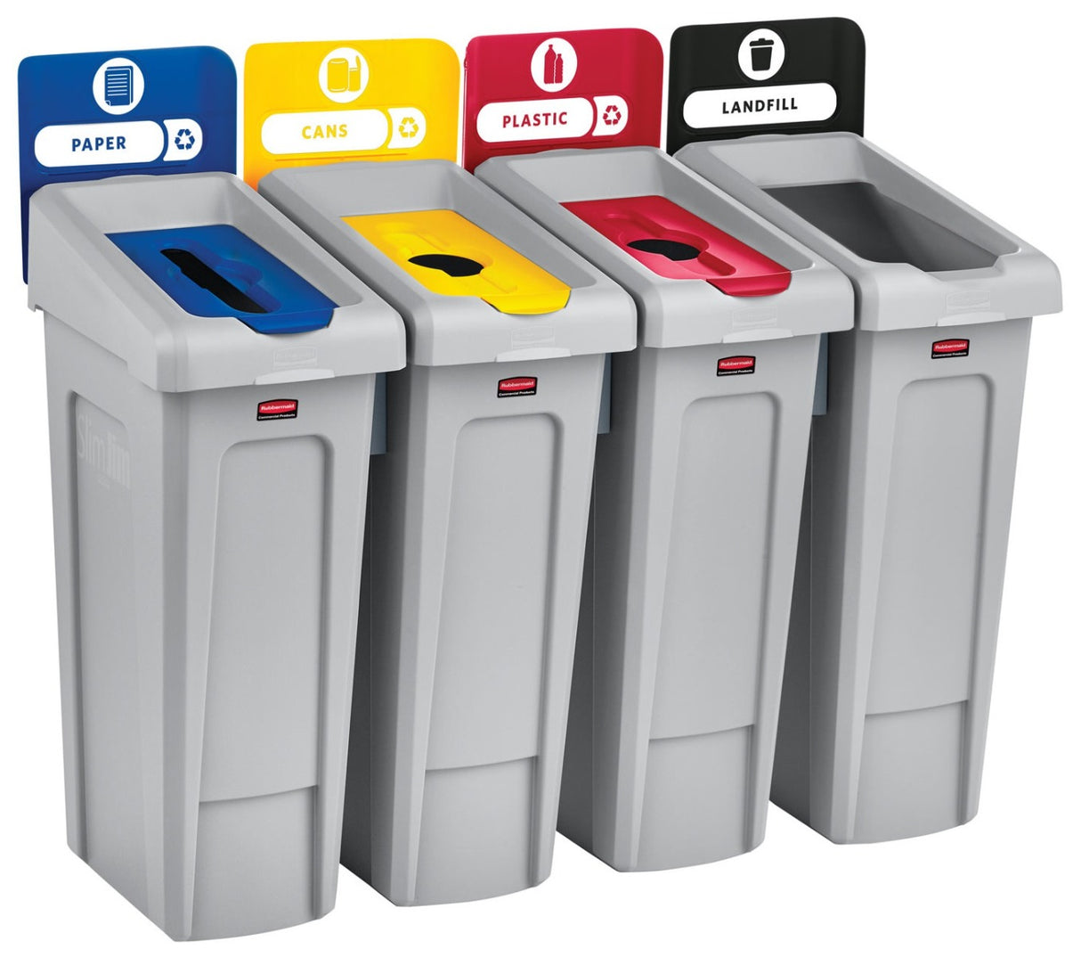 Rubbermaid 2007919 Slim Jim 4-Stream Rectangular Recycling Waste Container / Trash Cans with (1) Landfill, (1) Plastic, (1) Paper, and (1) Can Lid 92 gal.