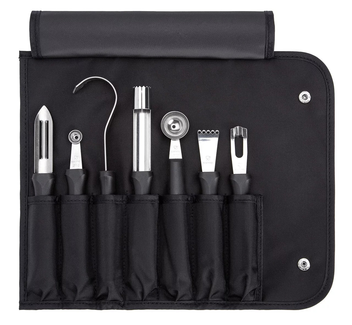 Dexter-Russell 20207 iCUT-PRO 7-Piece Garnishing Tool Set with Black Vinyl Roll-Up Bag - 6/Case