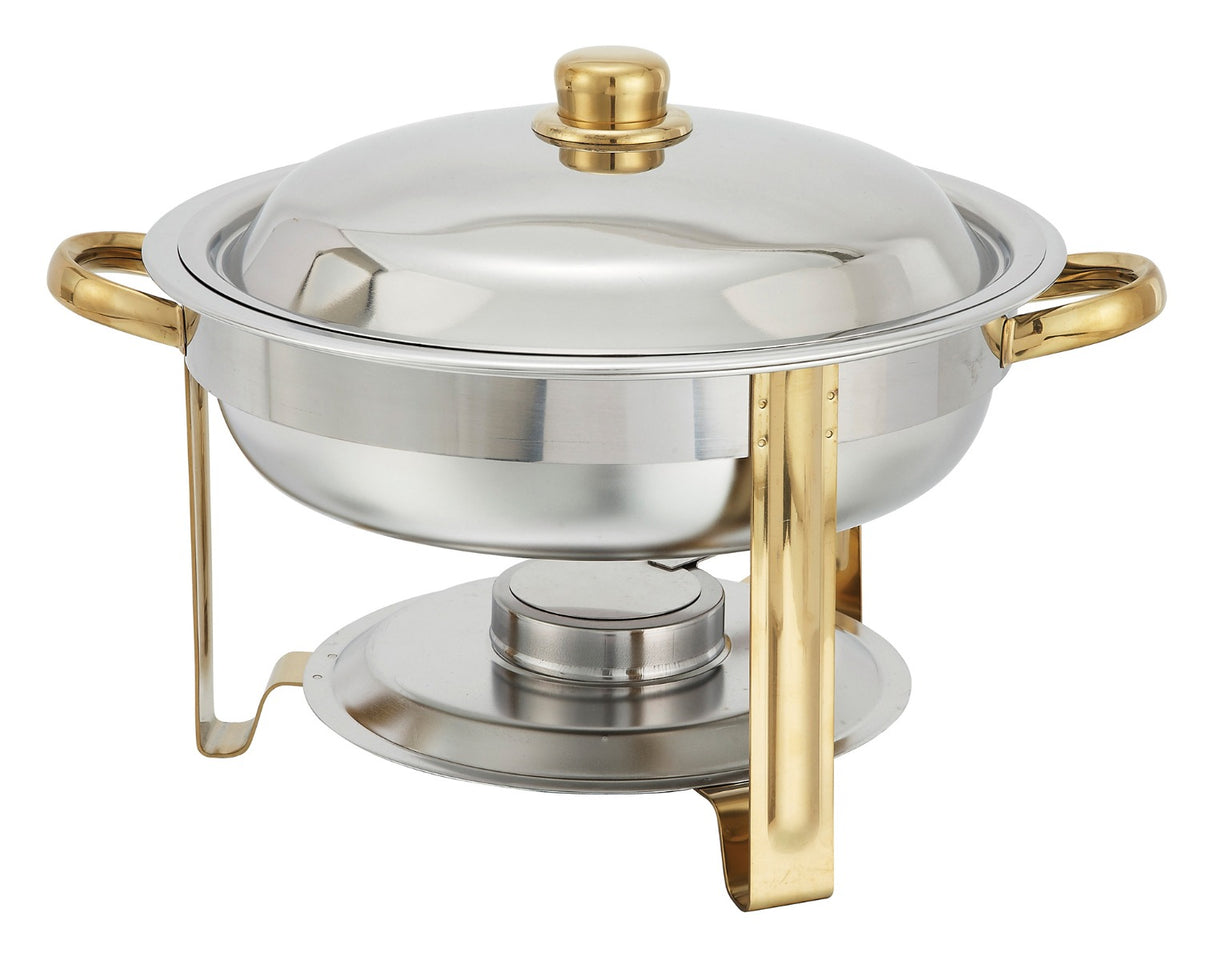 Winco 203 Malibu Gold Accented Stainless Steel Round Chafer with Lift-off Lid & Fuel Holder 4 qt.