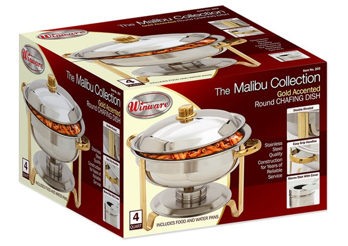 Winco 203 Malibu Gold Accented Stainless Steel Round Chafer with Lift-off Lid & Fuel Holder 4 qt.