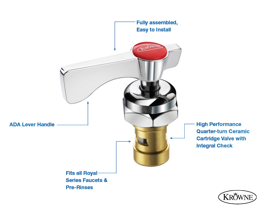 Krowne 21-309L Royal Series 1/4 Turn Ceramic Valve & Lever Handle - Low Lead Hot Stem Assembly for Wall/Deck Mount Faucet