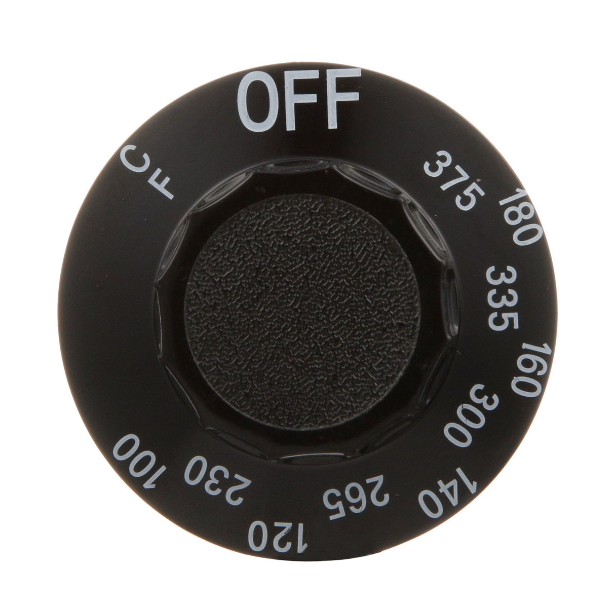 AllPoint 221187 Plastic Celsius/Fahrenheit Knob Thermostat Dial with Off and 375 - 230F Temperature Range 2-1/4" dia. - Black - for Frymaster Fryer GF14, GF14-SD, GF40