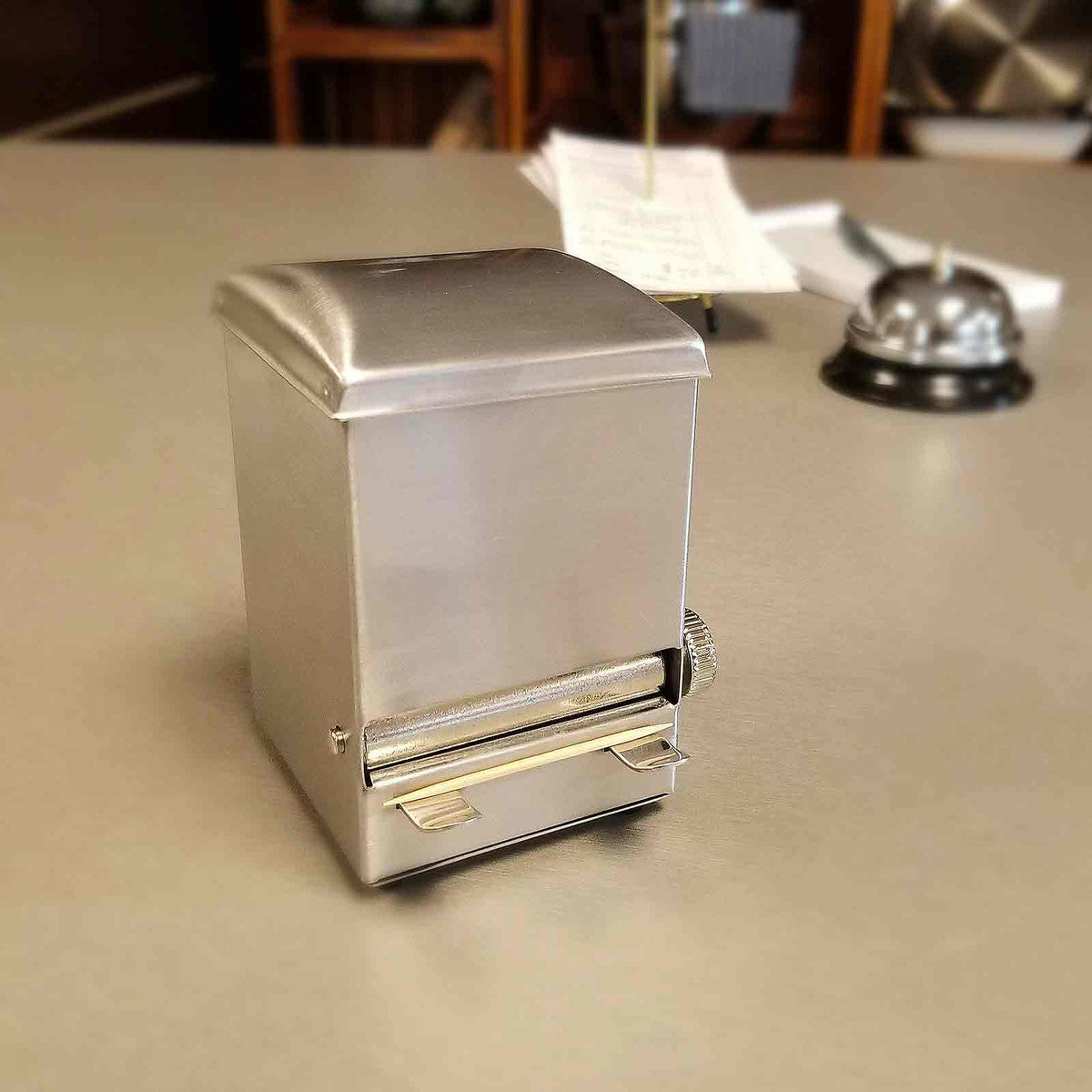 TableCraft 236 Stainless Steel Top-Loading Rotary Style Toothpick Dispenser 3-3/4" x 3" x 4-1/2"H