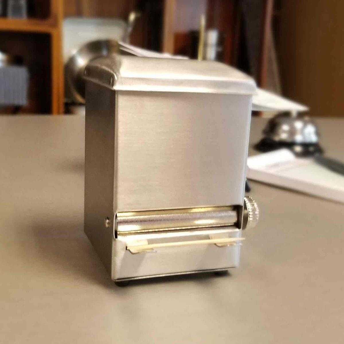 TableCraft 236 Stainless Steel Top-Loading Rotary Style Toothpick Dispenser 3-3/4" x 3" x 4-1/2"H