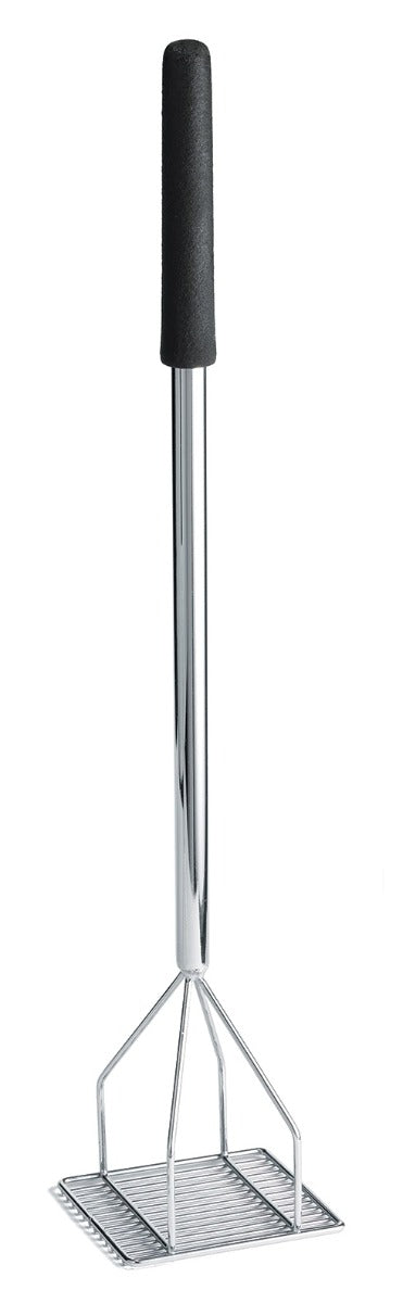 TableCraft 2455 Chrome-Plated Steel Bean Masher with 6" Square Face and 24" Cool-to-Touch Black Vinyl Handle - 4/Case