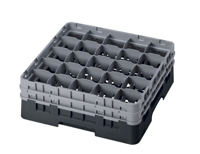Cambro 25S534110 Camrack 25-Compartment Full Size Low Profile Glass Rack with (2) Soft Gray Extenders 6-1/8"H - Black - 4/Case