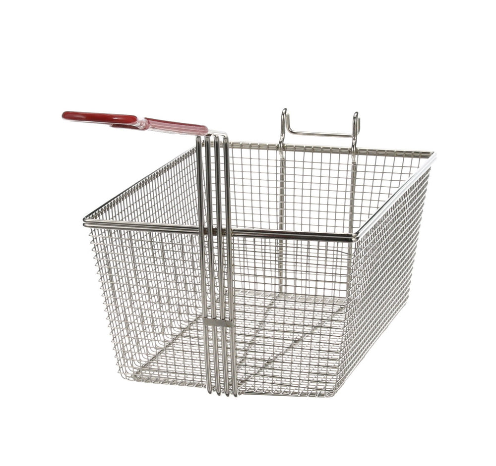 AllPoints 264430 Twin Size Fryer Basket with Front Hook and Red Plastic-Coated Handle 13-1/4" x 9-1/4" x 6"