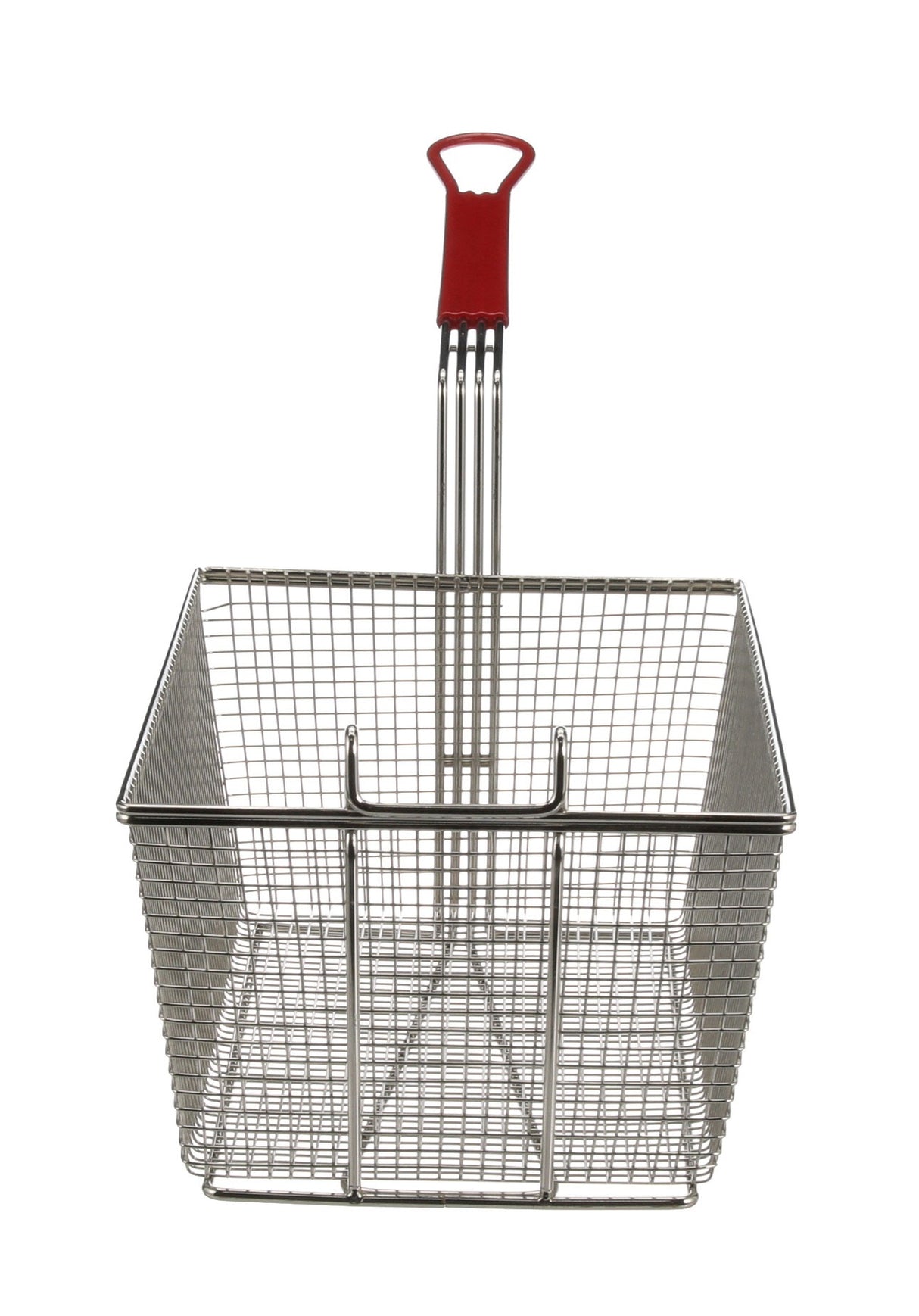 AllPoints 264430 Twin Size Fryer Basket with Front Hook and Red Plastic-Coated Handle 13-1/4" x 9-1/4" x 6"