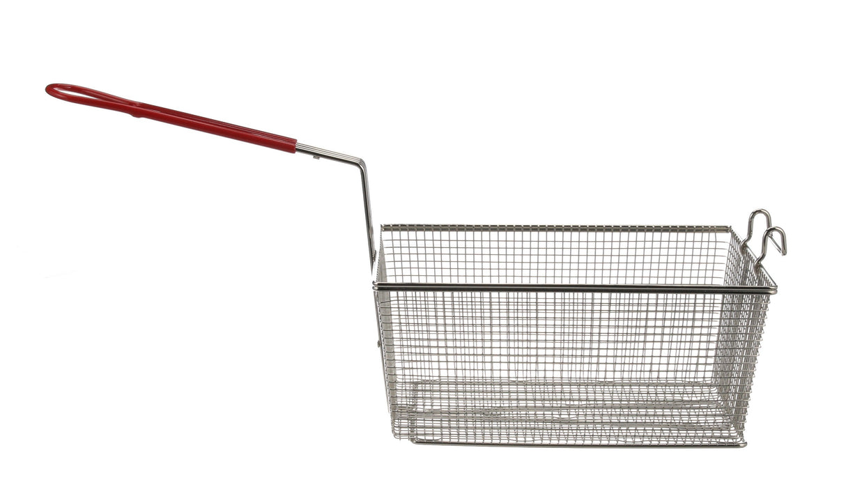AllPoints 264430 Twin Size Fryer Basket with Front Hook and Red Plastic-Coated Handle 13-1/4" x 9-1/4" x 6"