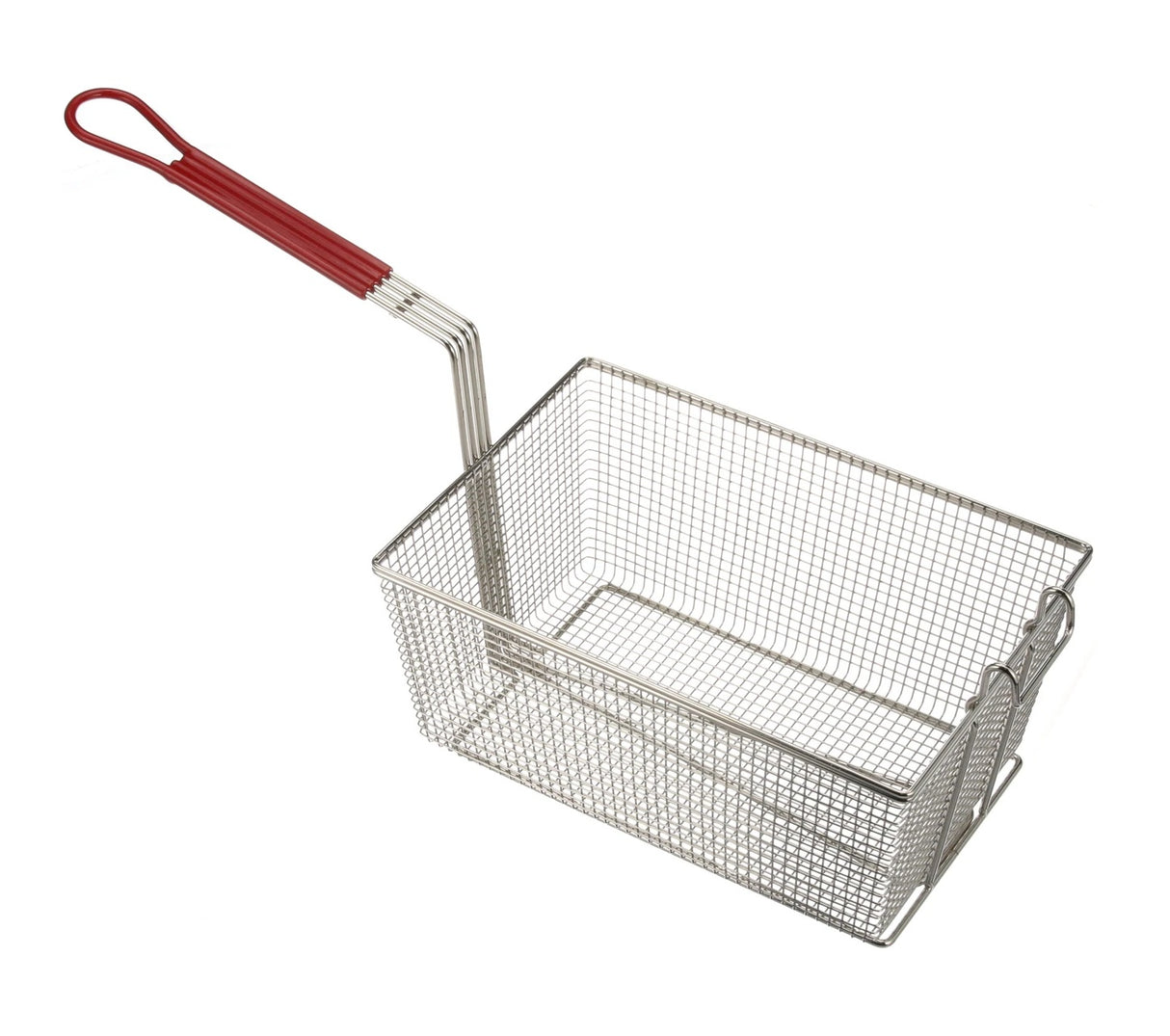 AllPoints 264430 Twin Size Fryer Basket with Front Hook and Red Plastic-Coated Handle 13-1/4" x 9-1/4" x 6"