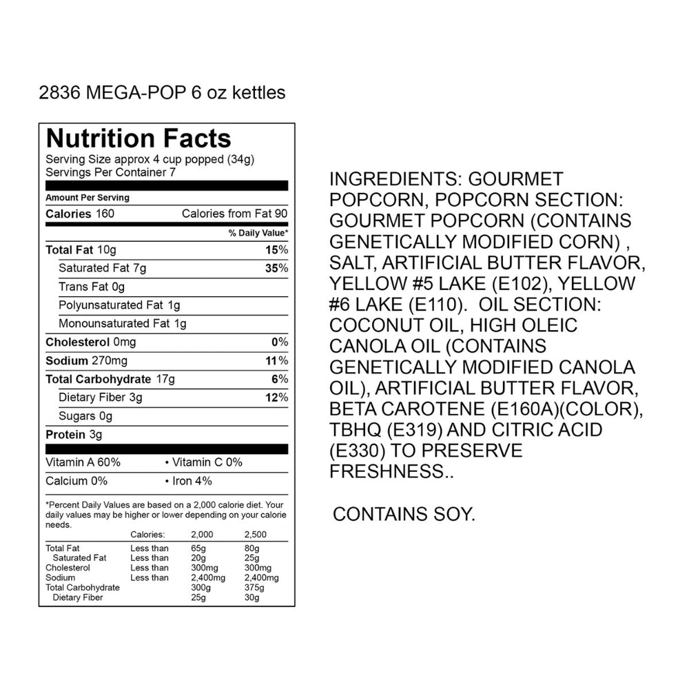 Gold Medal 2836 Mega Pop Corn/Oil/Salt Kits for 6 oz. Kettles - 36/Case