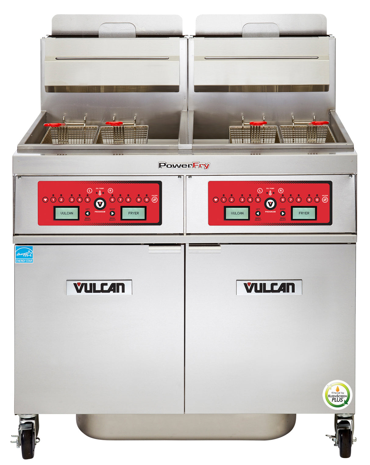 Vulcan 2VK65CF Two Bank Natural gas Fryer with PowerFry5, Computer Controls, and KleenScreen Filtration - Holds 130 to 140 lbs. - 160,000 BTU