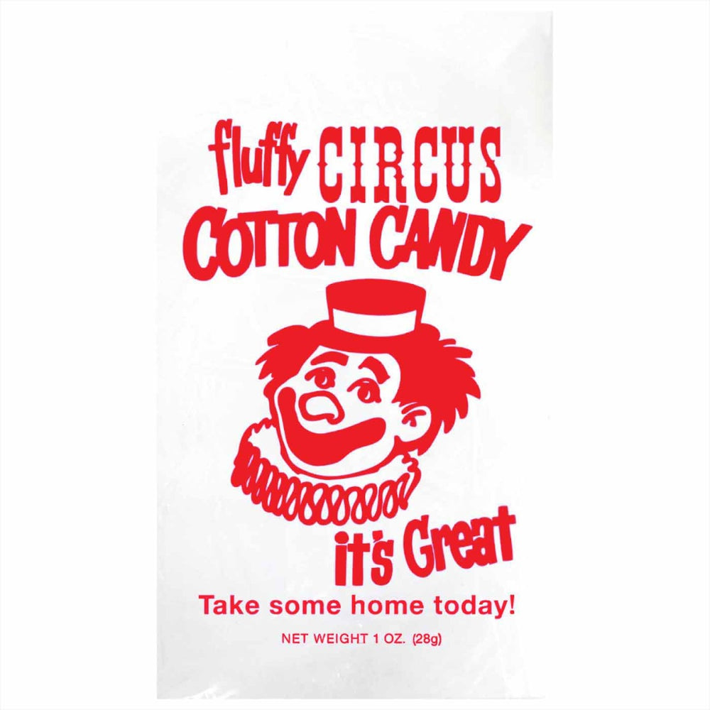 Gold Medal 3065 Quick Pak Red Clown Print Cotton Candy Bags with Ties 12" x 18" - Clear - 100/Bag