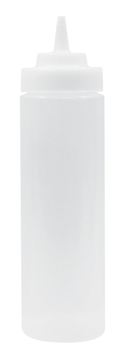 TableCraft 32563C Widemouth Polyethylene Squeeze Bottle with Natural Wide Cone Tip and 63 mm Opening 24 oz. - Clear - 12/Case