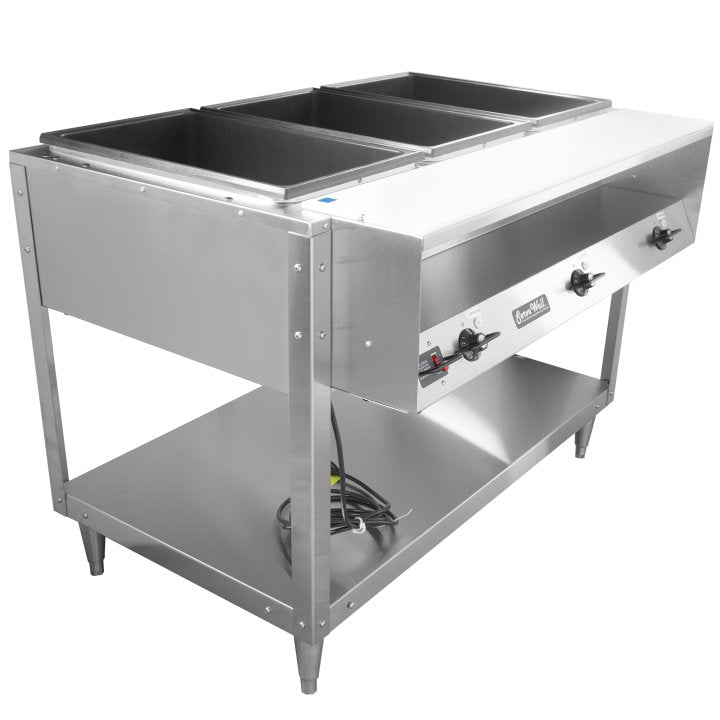 Vollrath 38103 ServeWell Electric 3-Well Hot Food Table with Plate Shelf & Cutting Board 46" - Sealed Well - 120v, 2100W