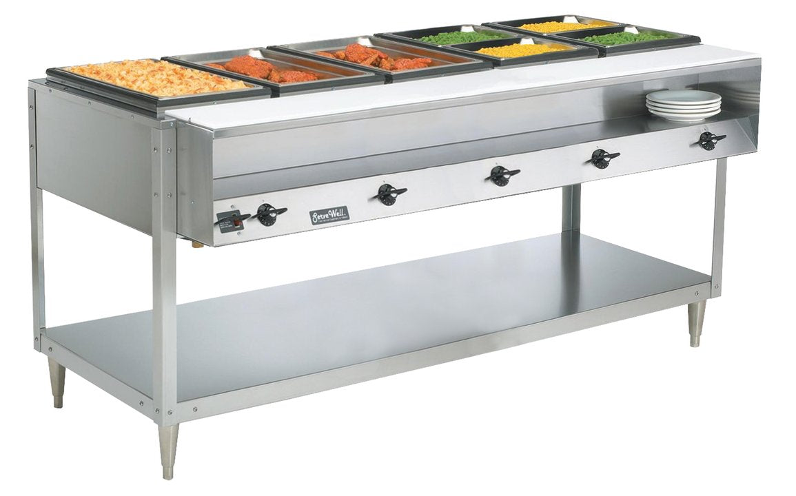 Vollrath 38119 ServeWell Electric 5-Well Hot Food Table with Plate Shelf & Cutting Board 76" - Sealed Well - 208-240v