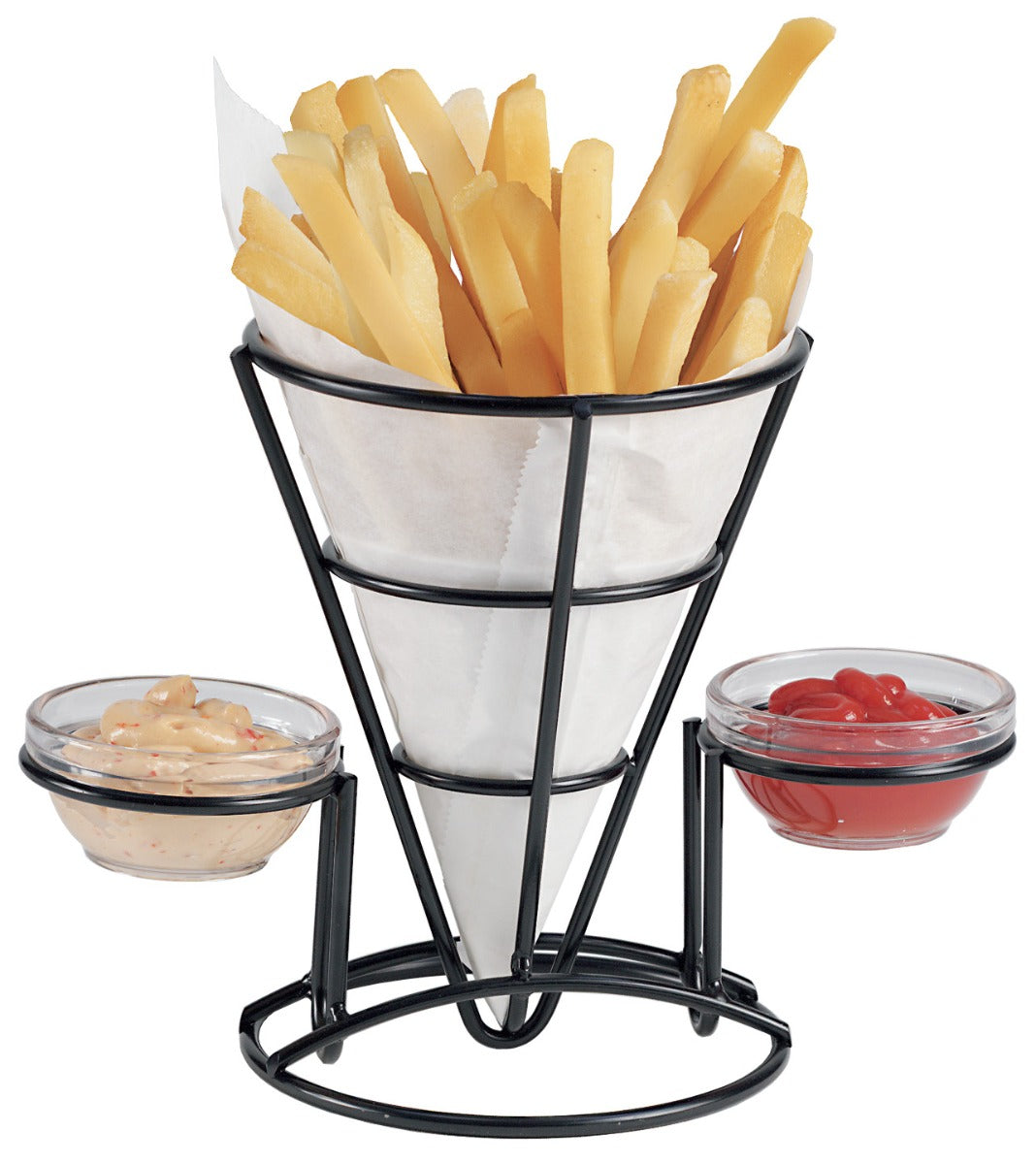 GET 4-361742 Specialty Servingware Black Iron Wire Fry Cone Basket w/ 2 Ramekin Holders 5" x 7"H - 12/Case