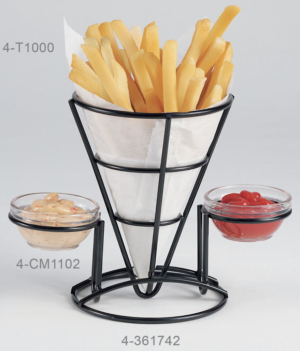 GET 4-361742 Specialty Servingware Black Iron Wire Fry Cone Basket w/ 2 Ramekin Holders 5" x 7"H - 12/Case